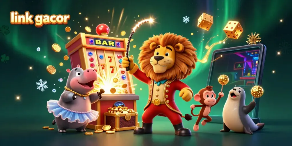 Engage with the dynamic jackpot theme featuring link gacor characters in a lively casino scene.