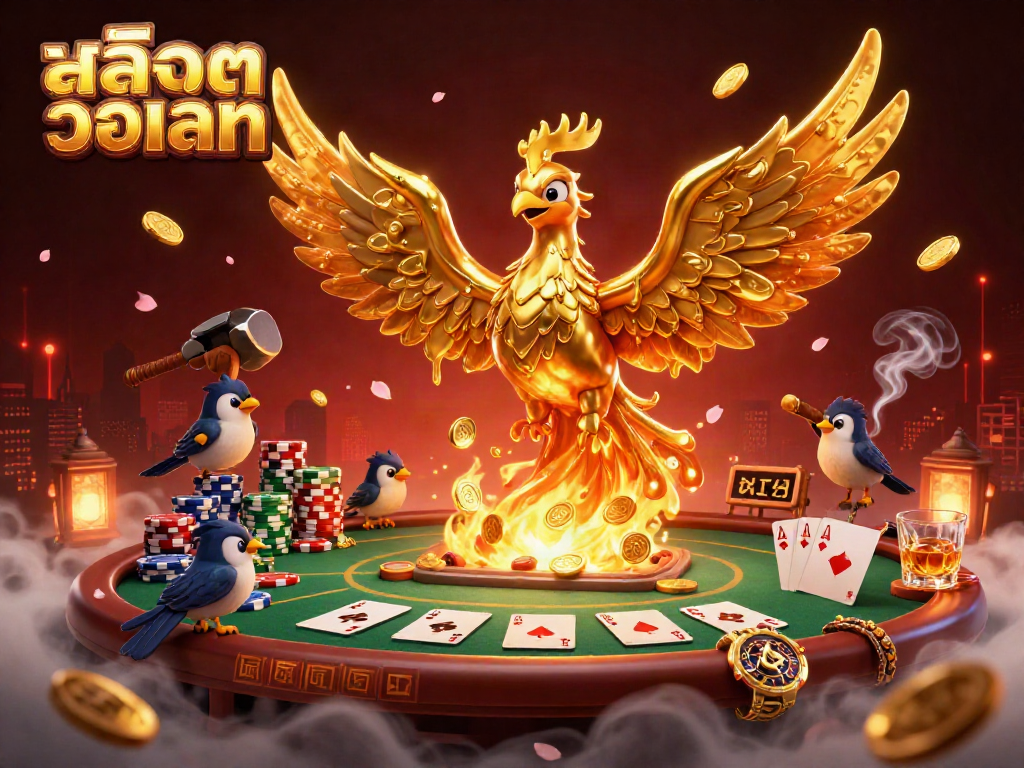 Engage with สล็อตวอเลท in a stunning 3D scene featuring a molten gold phoenix and dynamic poker elements.