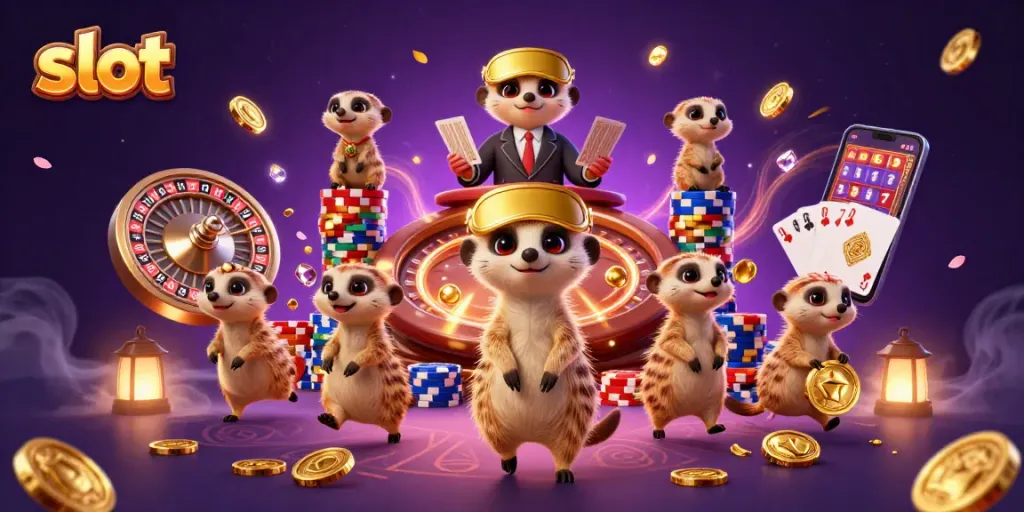 Experience thrilling slots action in a dynamic casino scene with playful meerkats.