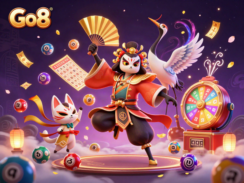 Engage in exciting gaming action with Go8, as kabuki warriors and lottery elements blend in 3D.