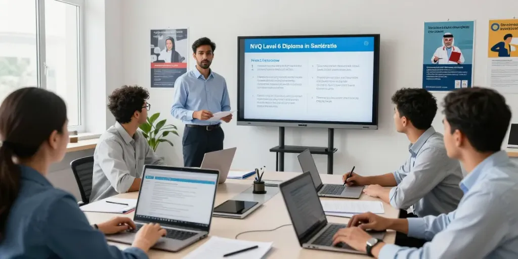Health and safety professionals participating in NVQ Level 6 in Saudi Arabia virtual training, engaging with safety materials in a collaborative environment.