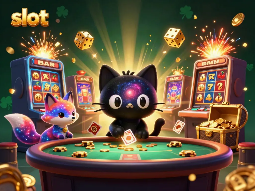 Menangkan slot dengan kucing hitam galaksi di meja kasino, dikelilingi oleh simbol keberuntungan dan emas.