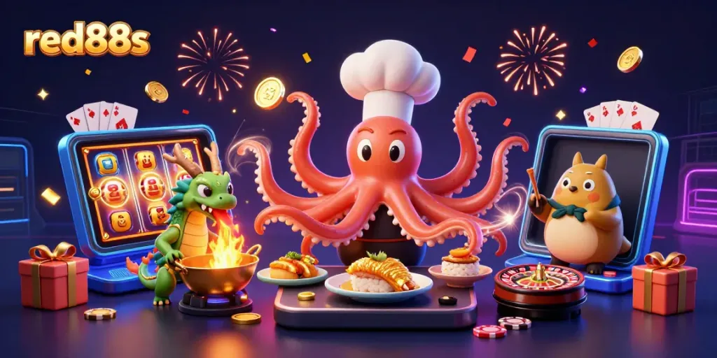 Engage in the thrilling world of red88s with a vibrant 3D casino illustration featuring an octopus chef and dragon.