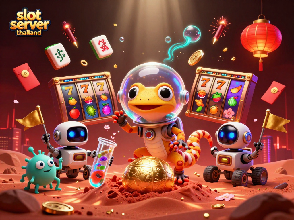 Slot server Thailand illustrates a Martian gecko discovering a golden casino in a rich, dynamic scene.