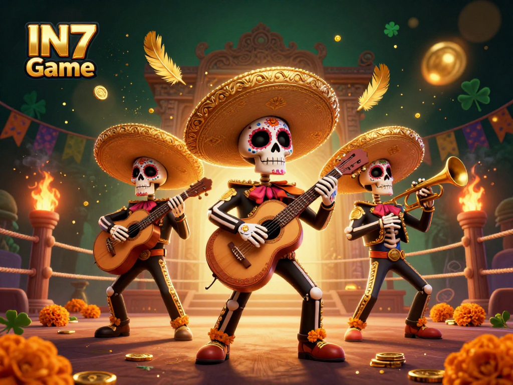 Play the IN7 Game with entertaining cartoon mariachi skeletons in a lively casino setting.