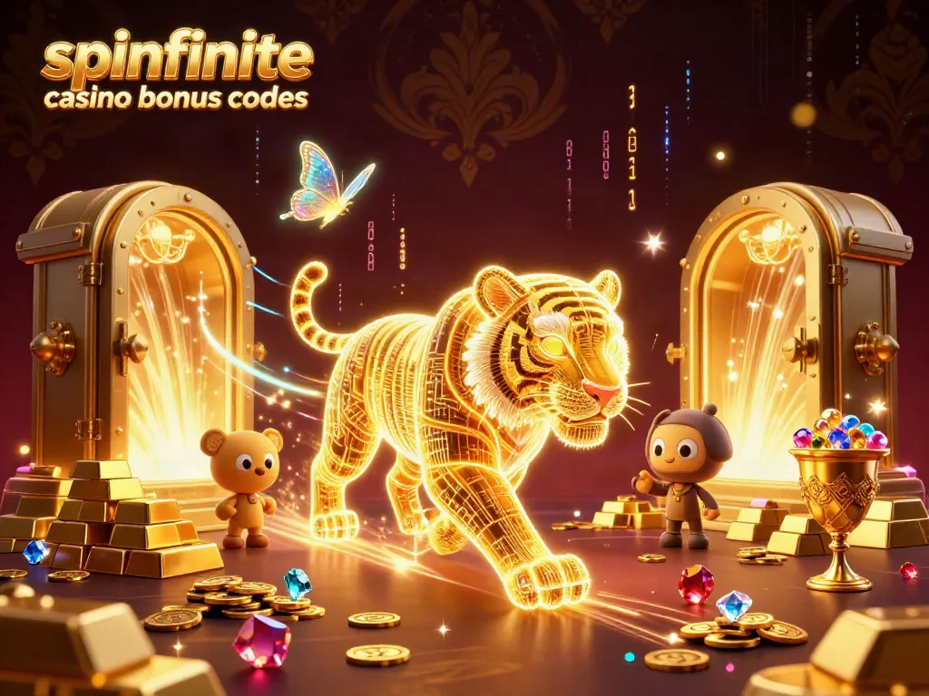Feel the thrill with spinfinite casino bonus codes as a light-energy tiger navigates a vibrant casino landscape.