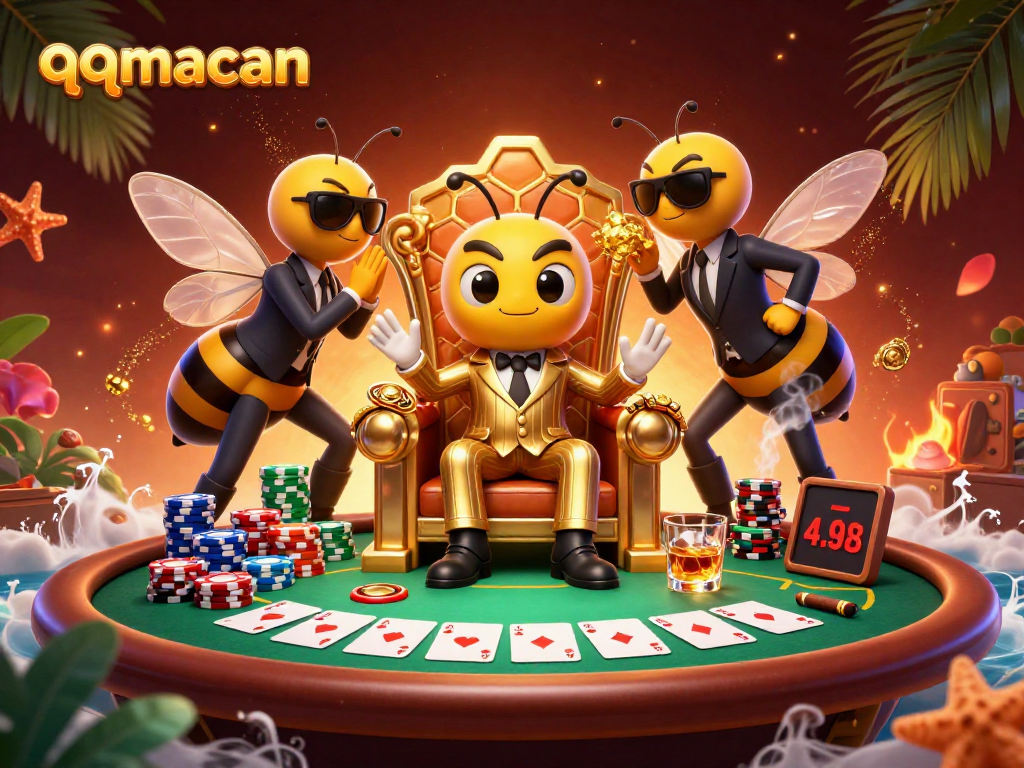 Engage with qqmacan in a vibrant, action-packed poker scene featuring whimsical characters.