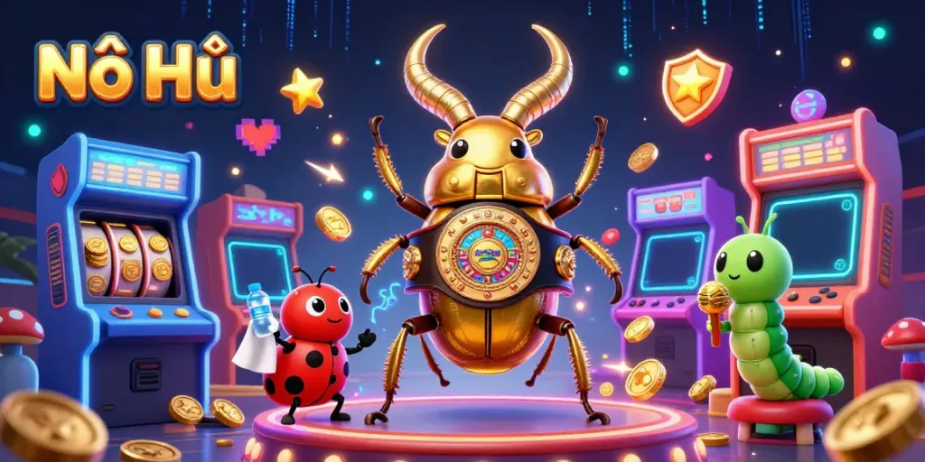 Nổ Hũ illustrates vibrant 3D cartoon characters representing a vibrant casino scene with games and jackpots.