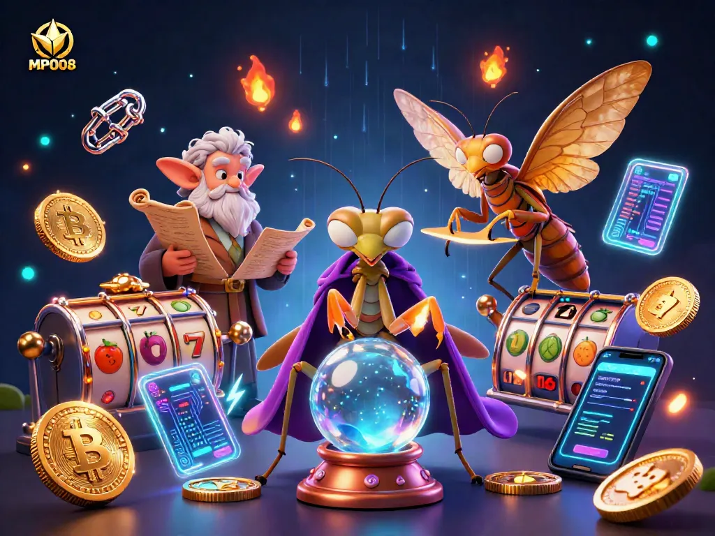 MPO08 illuminates a thrilling slot experience with glowing cartoon fortune tellers and vibrant casino elements.