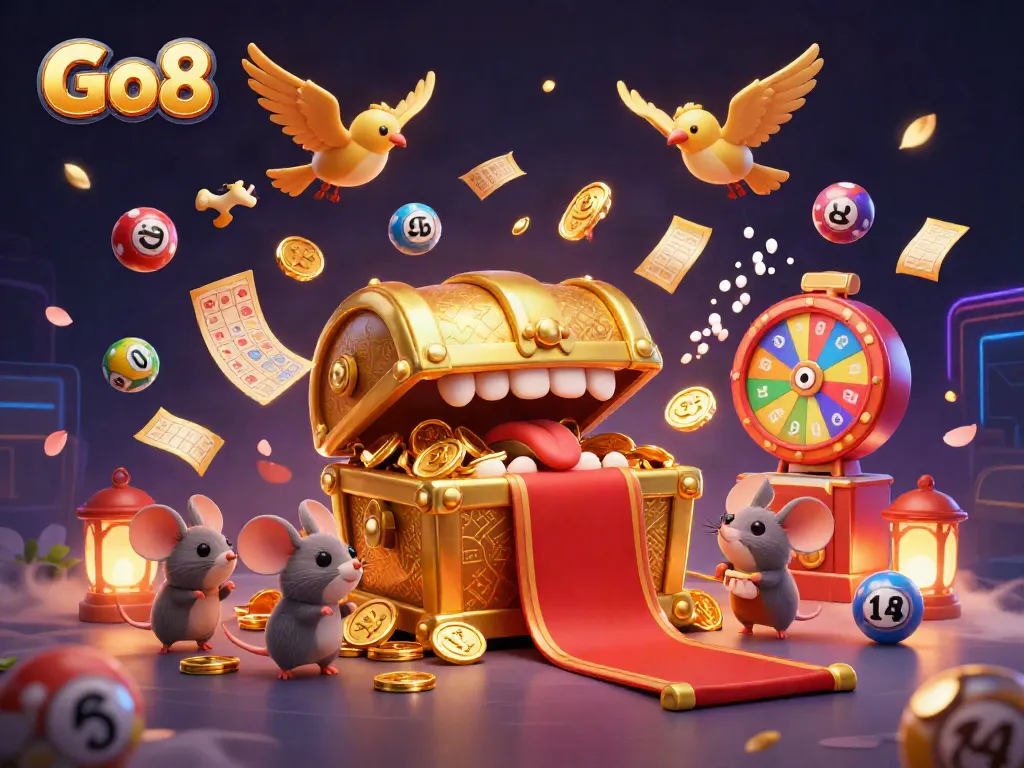 Engaging Go8 casino scene with a treasure chest and vibrant lottery elements, exciting and dynamic atmosphere.
