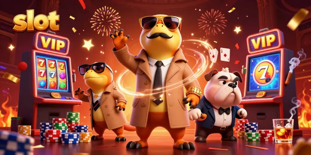 Slot berwarna-warni di kasino dengan raptor dalam jas dan bouncer anjing bulldog.