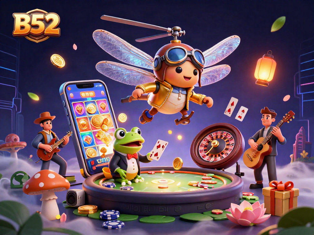 B52 players enjoy vibrant casino action with a dragonfly pilot and a frog croupier amidst colorful gaming elements.