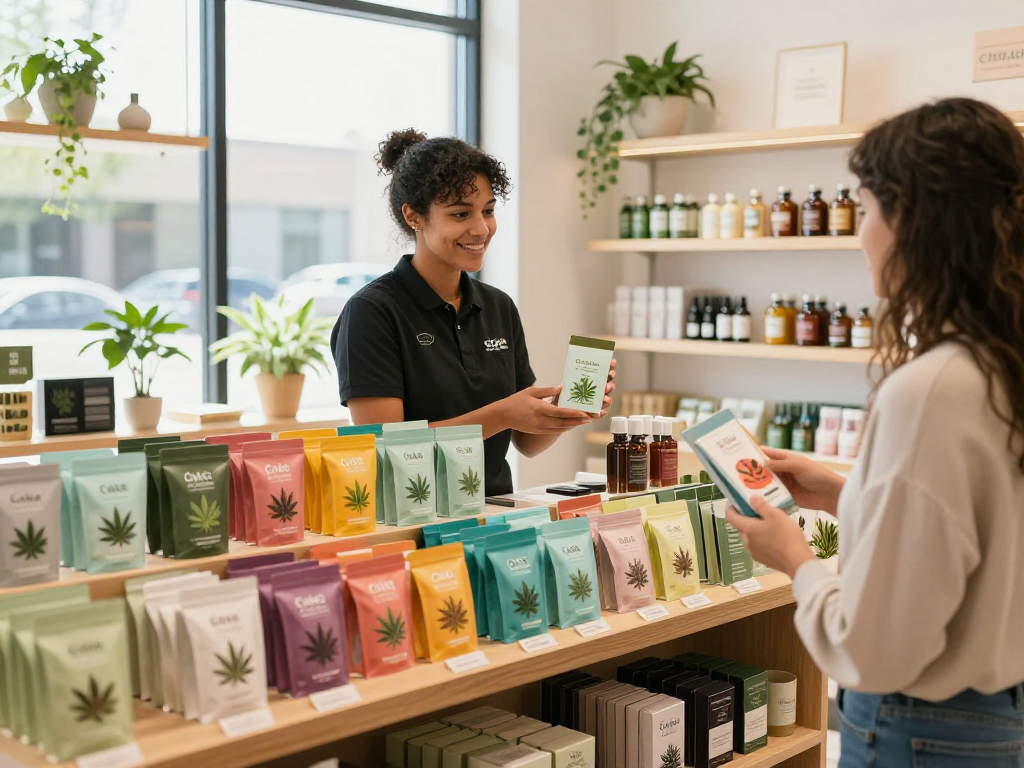 Cakes cart selection on display at a modern dispensary with customer interaction.