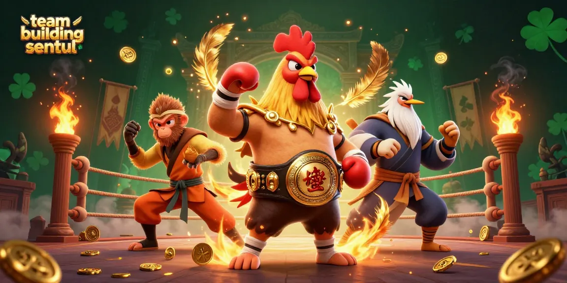 Experience team building sentul with competitive elements and dynamic characters in this vibrant illustration.