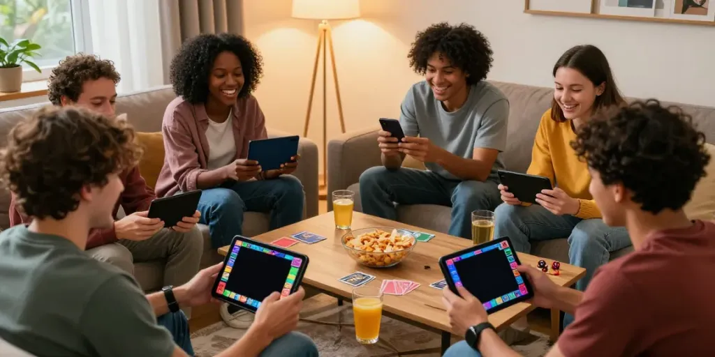 Friends enjoying Rumble Rummy on smartphones in an inviting living room.