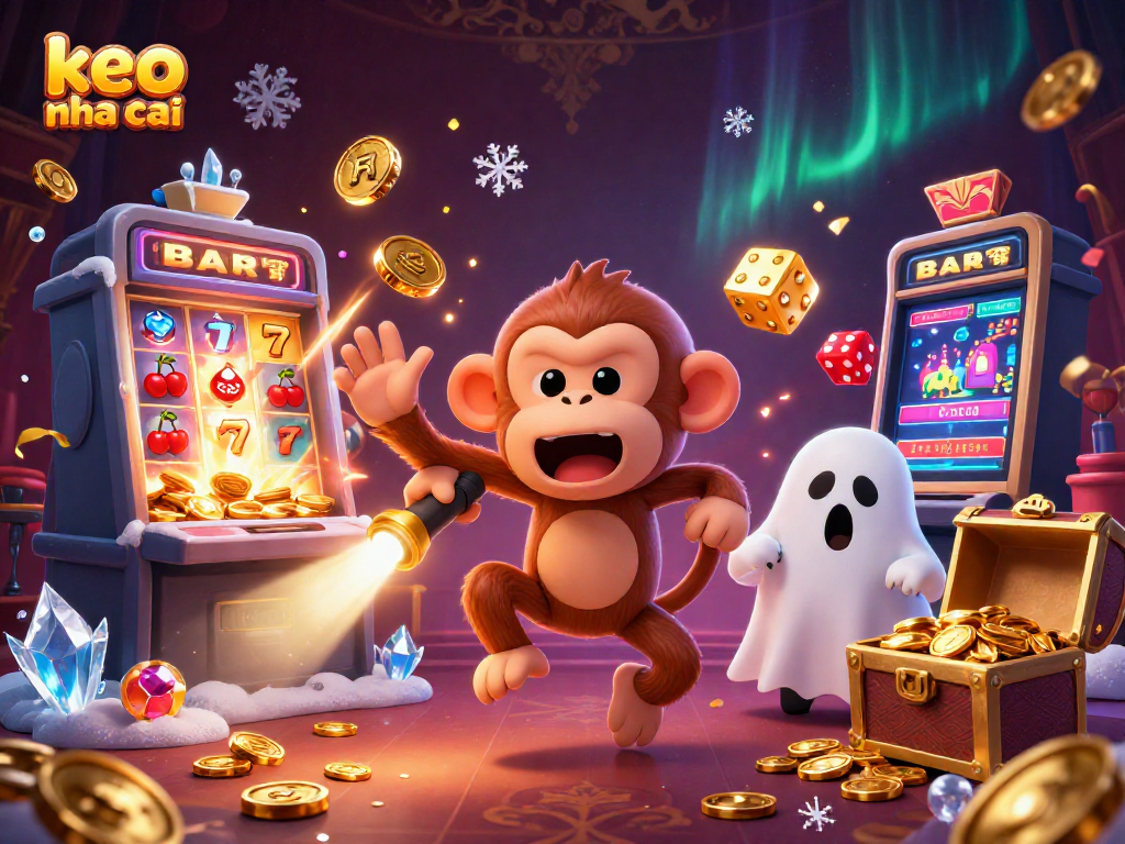 Engaging keo nha cai casino scene with a mischievous monkey and ghost-hunter puppy amidst jackpot excitement.