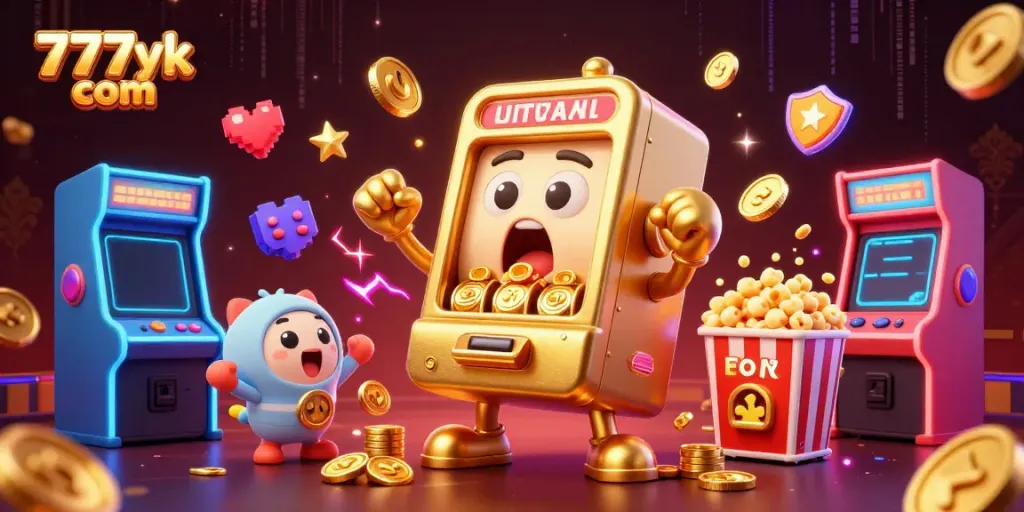Celebrate a jackpot at 777yk com with a joyful slot machine amidst cheering baby slots and arcade elements.