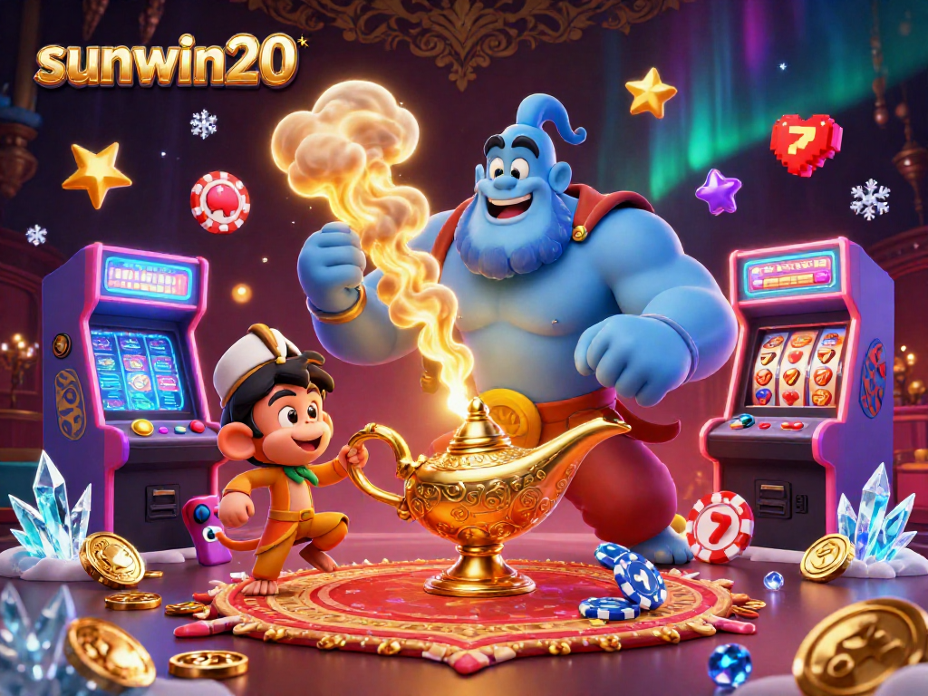 Experience the magic of sunwin20 with vibrant casino elements and characters in this 3D illustration.