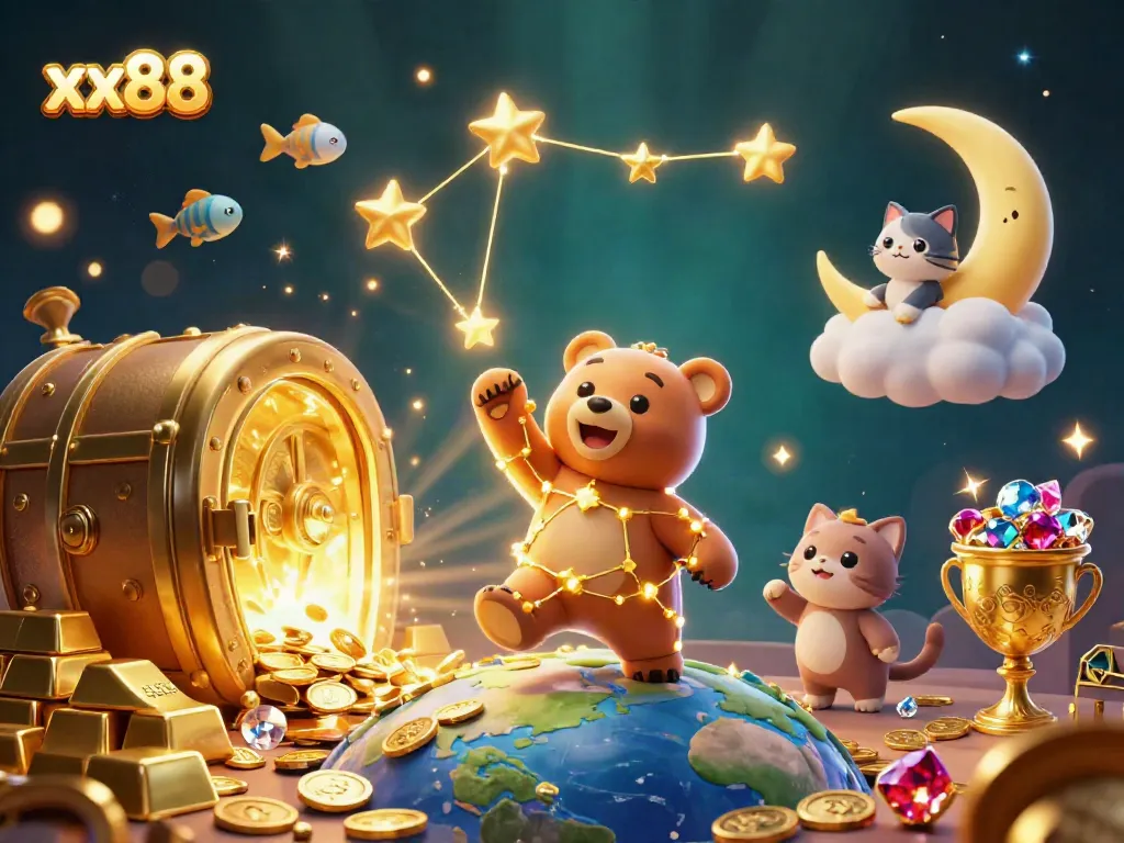 Experience xx88 enchantment with a vibrant 3D casino scene under a starry sky.