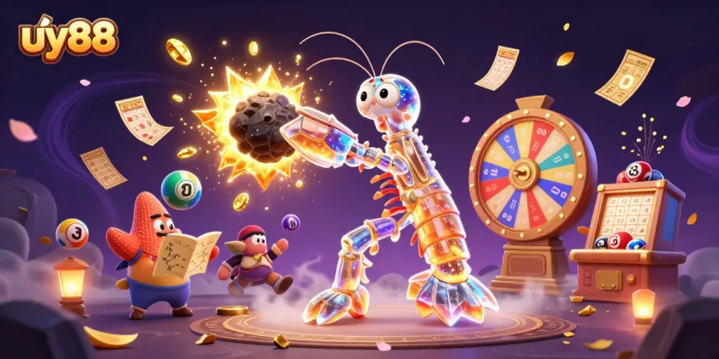 Engage in thrilling gambling at uy88, featuring vibrant lottery balls and golden prize elements.