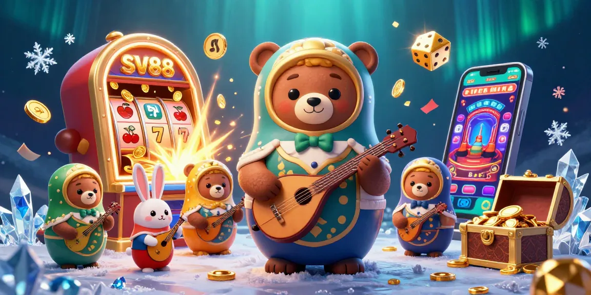 Experience thrilling action at SV88 with a 3D cartoon scene featuring vibrant casino elements and energetic characters.