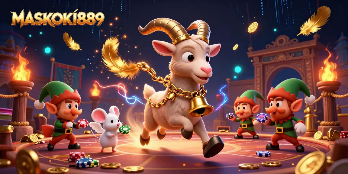 Experience the festive thrills of MASKOKI889 in a dynamic casino scene with playful characters and exciting game elements.