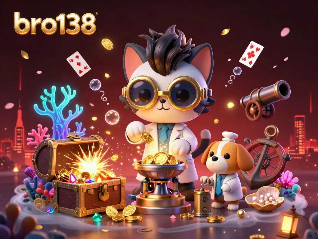 Experience the excitement of bro138 with a vibrant 3D scene showcasing a cartoon scientist cat and dog surrounded by gold coins and gambling elements.