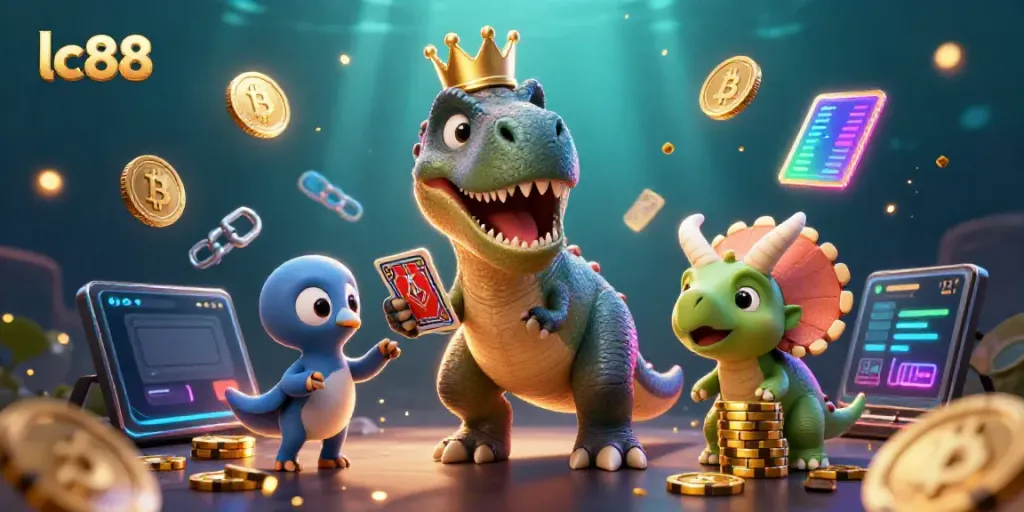 Experience the excitement of lc88 casino as a cartoon T-Rex shuffles cards and a baby triceratops stacks chips amidst glowing crypto coins.