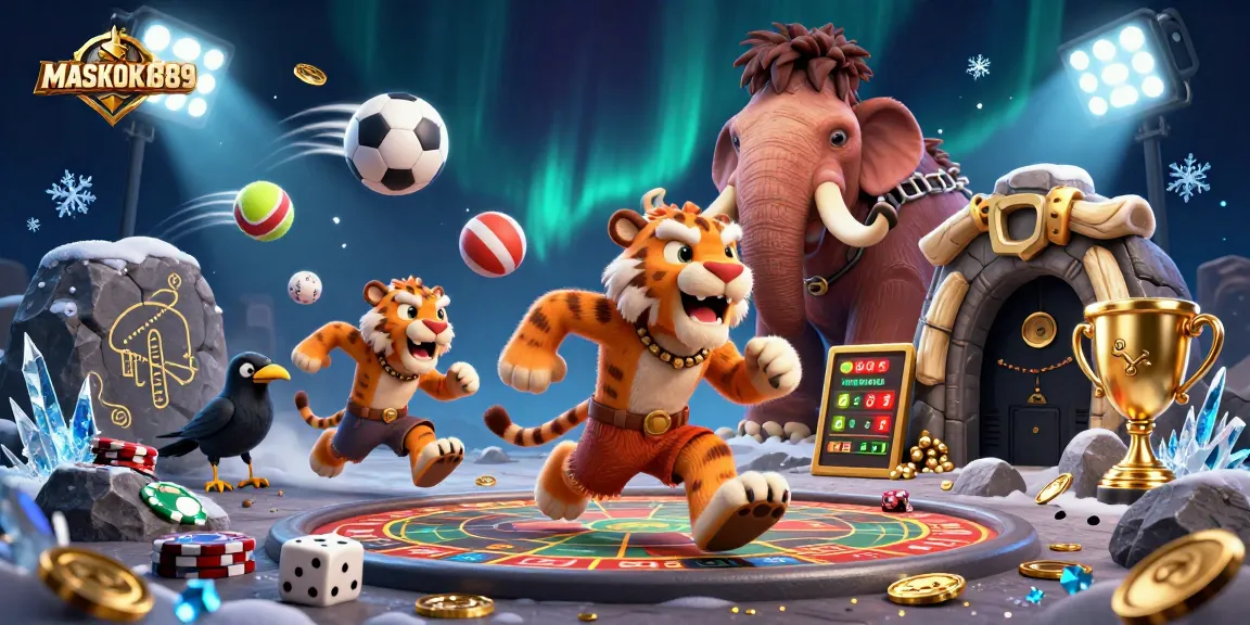 Engage with MASKOKI889's vibrant sports betting action featuring cartoon characters in a prehistoric casino.