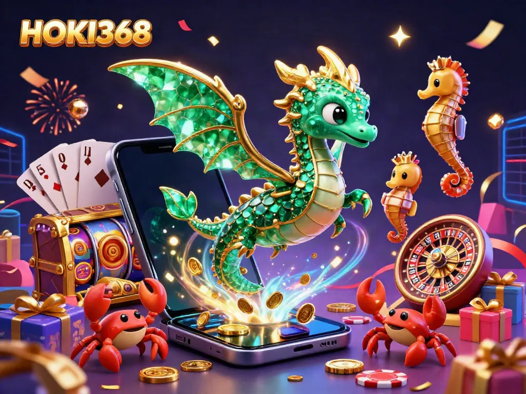 Spin colorful slot games with HOKI368, featuring a dragon and treasure elements.
