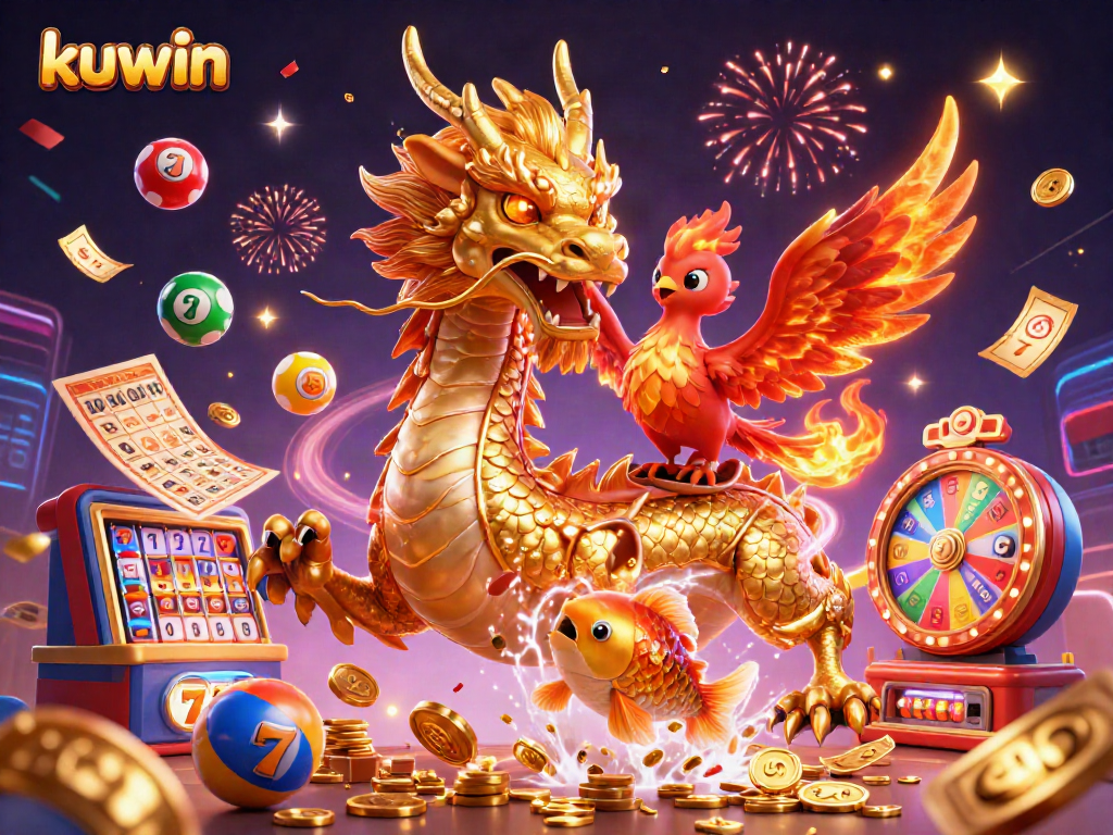 Engage with kuwin casino excitement featuring a dragon and phoenix with vibrant slot elements.
