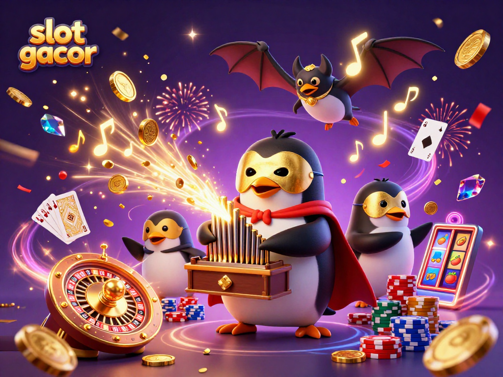 Menangkan slot gacor dengan simbol slot dan koin emas bertebaran dalam suasana kasino yang meriah.