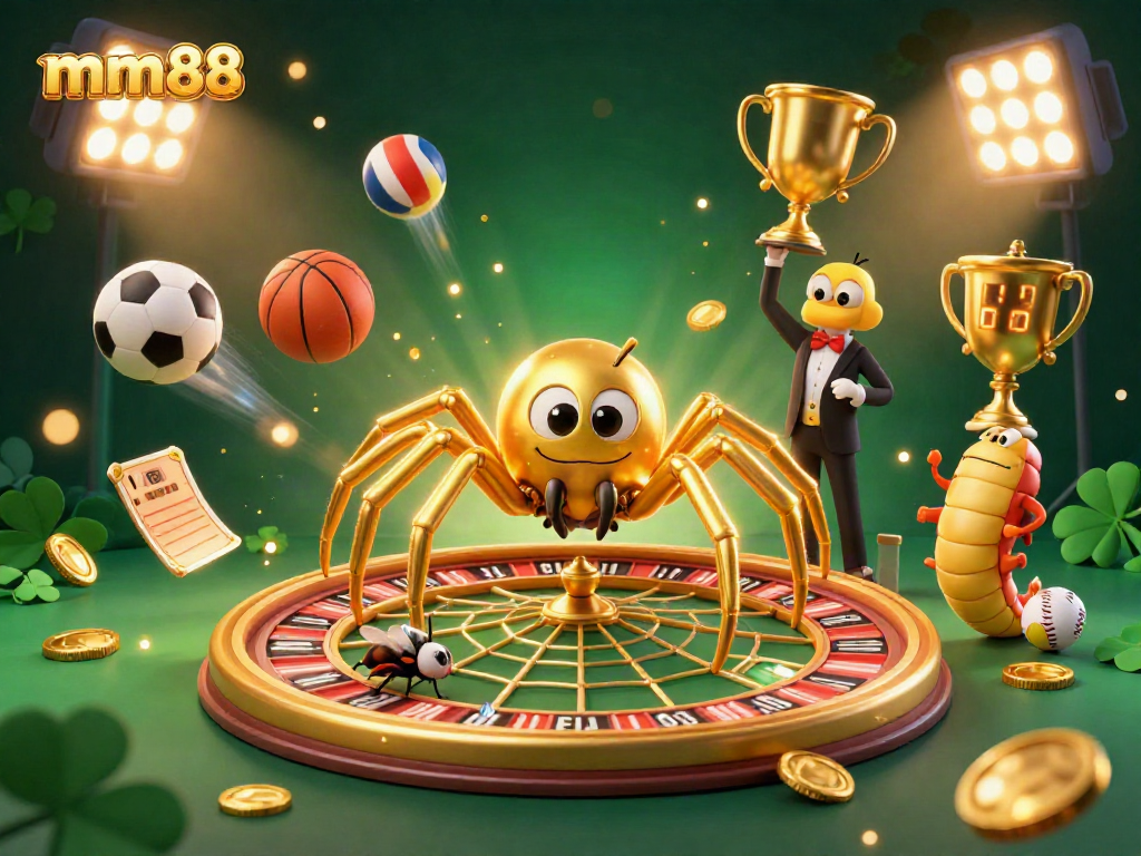 mm88 gaming scene with a golden spider, fly, and centipede croupier in action.