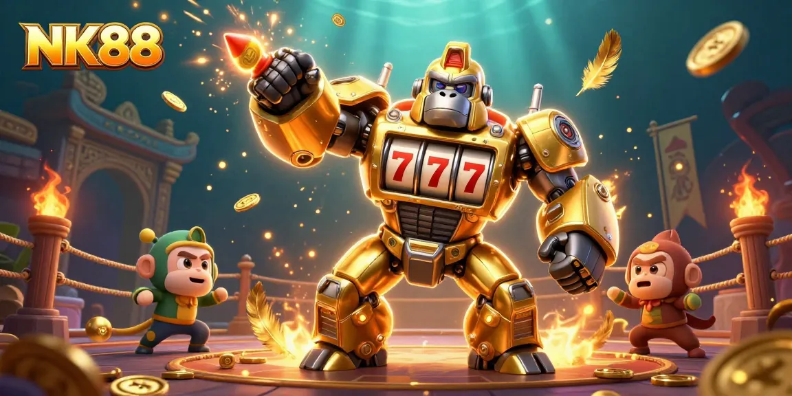 Experience the thrill of NK88 with a dynamic 3D illustration of a golden gorilla mech, slot machines, and exciting casino elements.