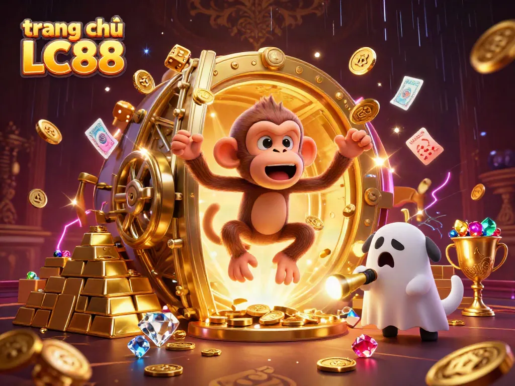 Engage with the vibrant world of trang chủ LC88, featuring a playful poltergeist monkey amidst a treasure-filled casino scene.