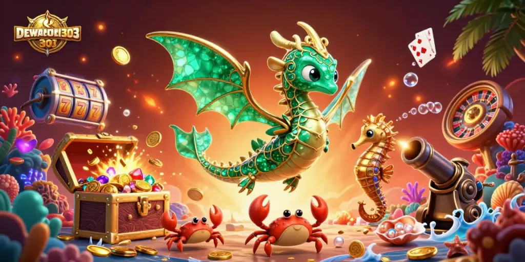 DEWAHOKI303 menghadirkan slot menguntungkan dengan interaksi naga laut berkilau yang dikelilingi harta karun.