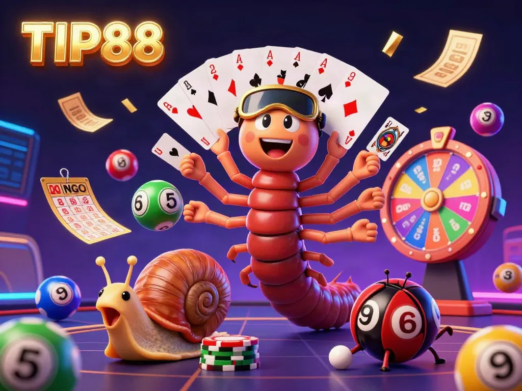 Win big at TIP88 in a vibrant online casino scene with a millipede dealer, snail high-roller, and dynamic elements.