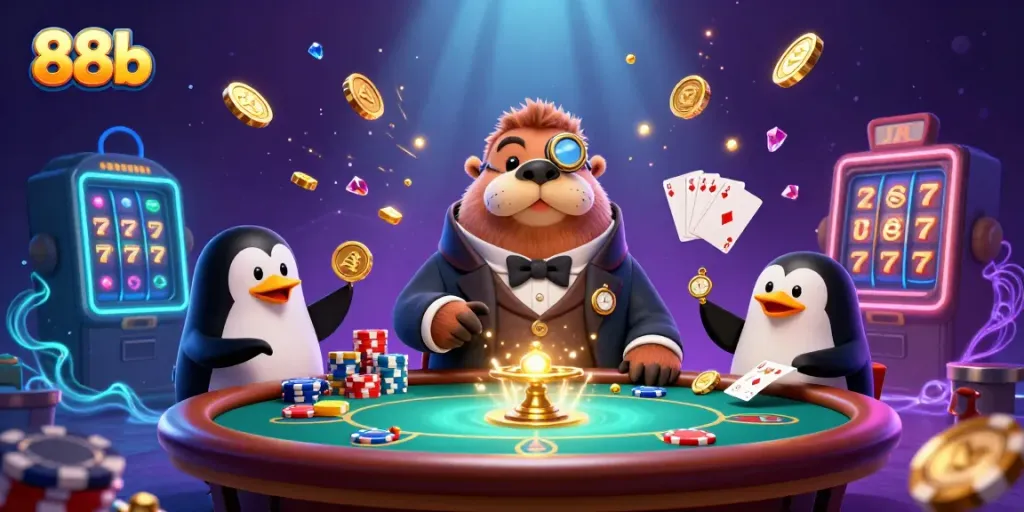 Engaging scene of a jolly walrus and penguin dealer in a vibrant underwater poker game featuring 88b elements.