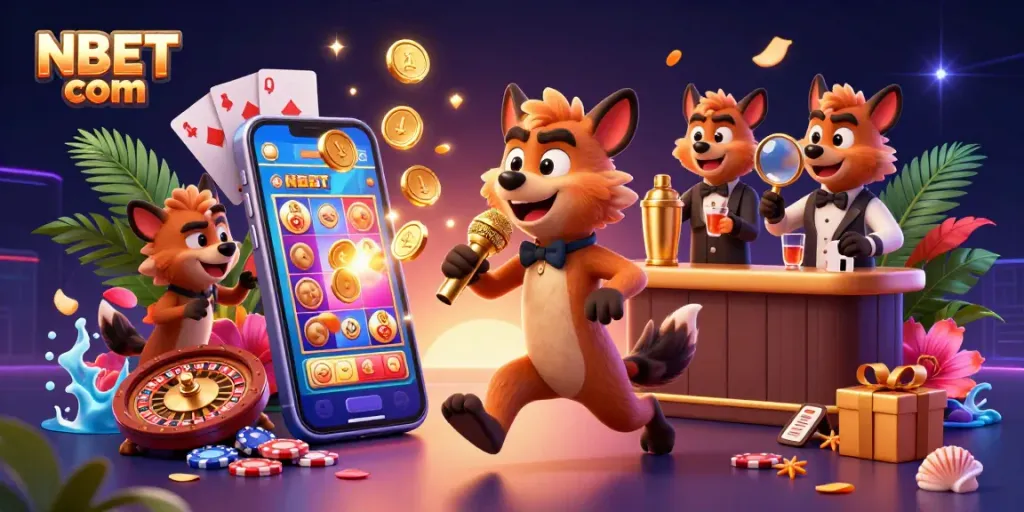 Experience the excitement of NBET com with a vibrant casino scene featuring hyenas and festive gaming elements.