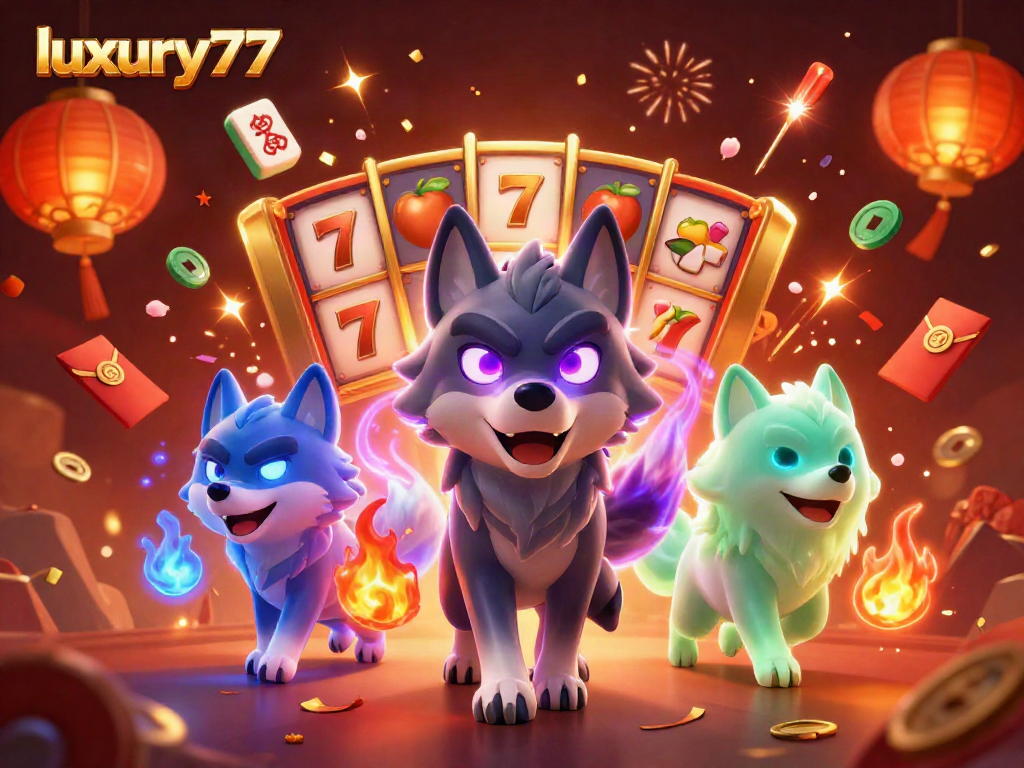 luxury777 memperlihatkan simbol slot yang menguntungkan dengan wolf pemandu dalam cahaya mistis