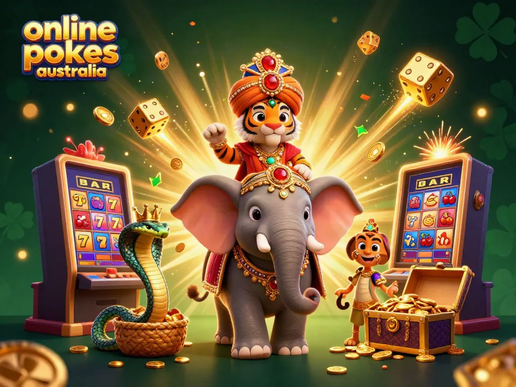Play online pokies Australia in a vibrant and energetic 3D casino scene with jackpot symbols cascading.