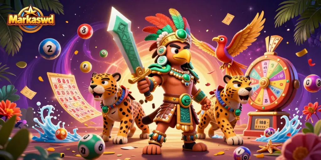Engage in thrilling lottery activities with Markaswd's dynamic casino illustration featuring vibrant games.