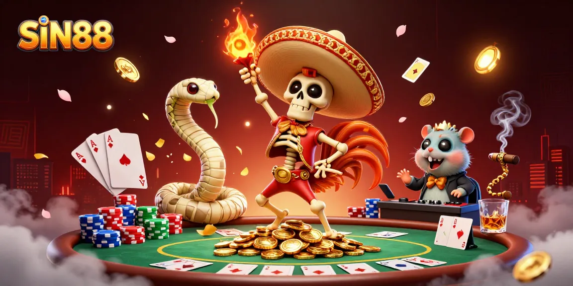 SIN88 showcases exciting victory dance amidst vibrant casino elements, enhancing gambling thrill.