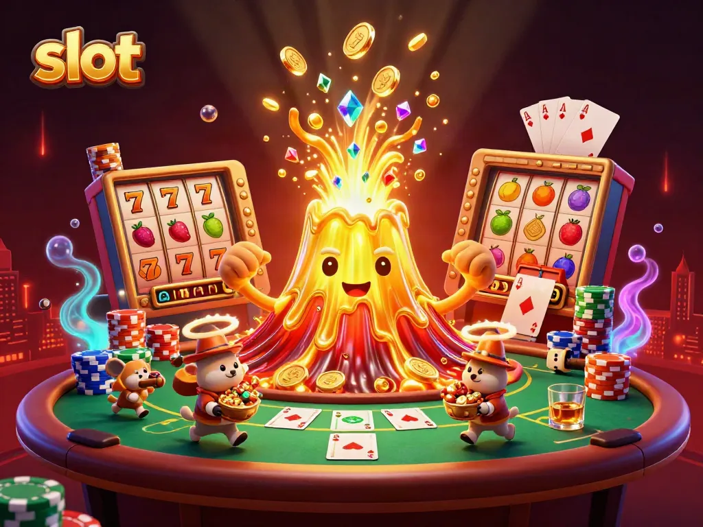 Spin the slot reels under the triumphant golden volcano amidst an energetic casino scene.