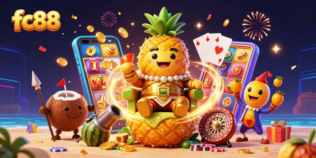 Join the excitement at fc88 with a vibrant slot game scene featuring a golden pineapple king and friends!