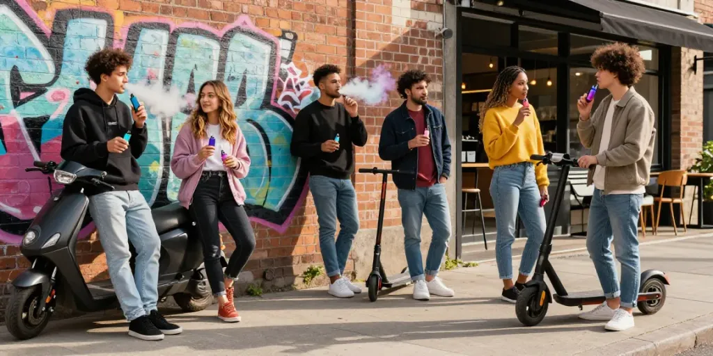 Friends enjoying Hitz infinity Gen 7 disposable vapes in a vibrant urban setting with dynamic atmosphere.