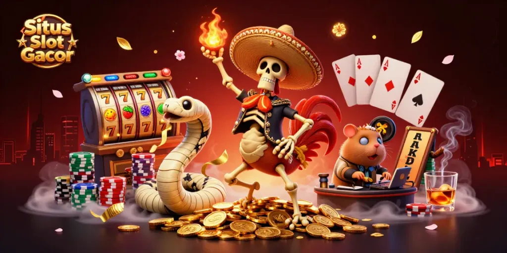 Situs Slot Gacor menghadirkan keseruan dengan skeleton mariachi di tumpukan koin emas dan simbol slot yang berkilau.