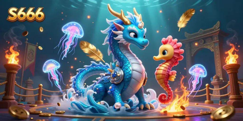 Engage in thrilling S666 casino adventures with a water dragon, seahorse knight, and jellyfish.