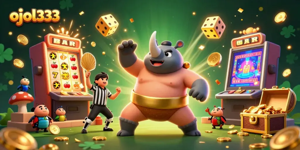 Engage with exciting casino fun featuring ojol333 as a sumo beetle champion amid a jackpot scene.