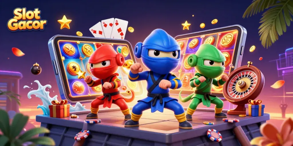 Engage with Slot Gacor through dynamic 3D chameleons performing martial arts, surrounded by vibrant casino elements.